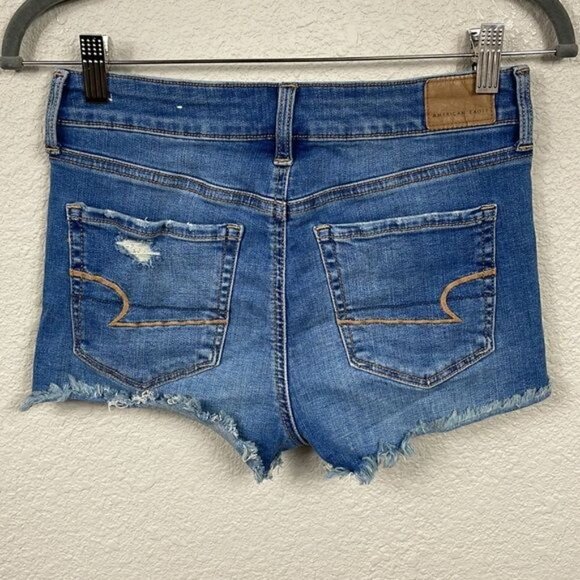 American Eagle Hi Rise Shortie Shorts Denim Jean Button Fly Distressed Cut Off 4 - Picture 3 of 12